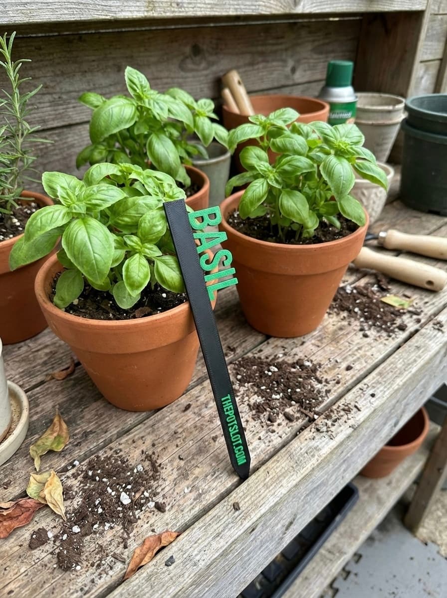 3D-printed garden pick in black with green raised text reading 'Basil' next to terra cotta pots of fresh basil on a potting bench