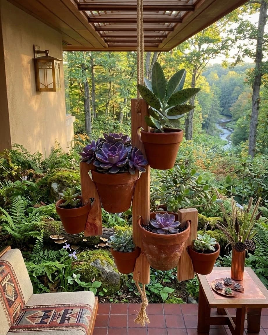 Cedar Pot Slot hanger with purple succulents and houseplants in terra cotta pots on a covered porch overlooking a wooded creek