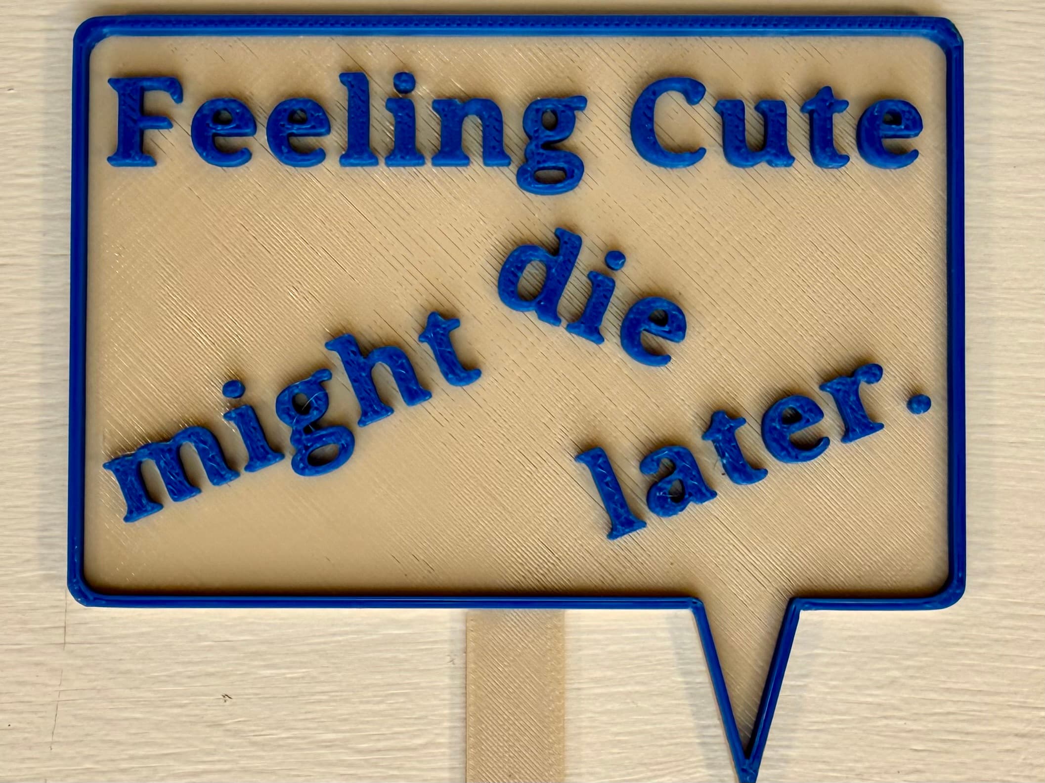 3D-printed pot pick with raised text reading 'Feeling Cute Might Die Later'