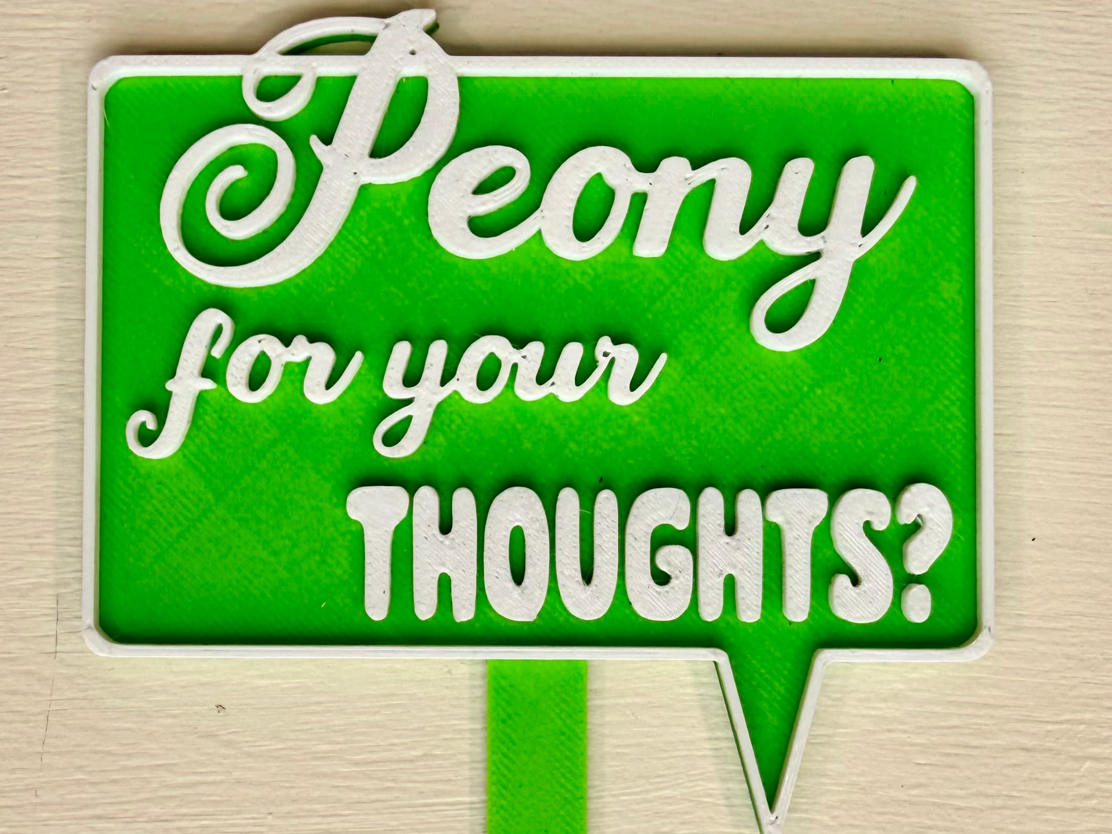 3D-printed pot pick with raised text reading 'Peony for Your Thoughts'