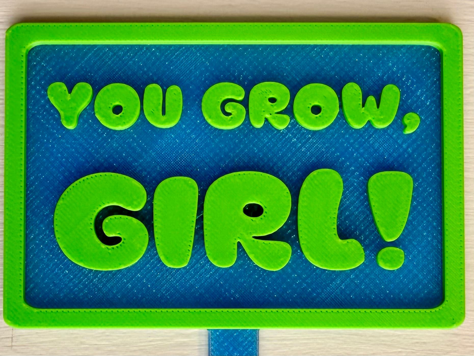 3D-printed pot pick with raised text reading 'You Grow, Girl!'