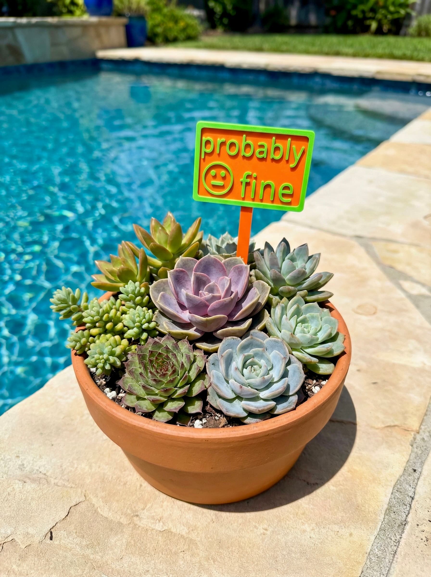 3D-printed pot pick in orange with green raised text reading 'Probably Fine' with a smiley face in a terra cotta bowl of succulents poolside