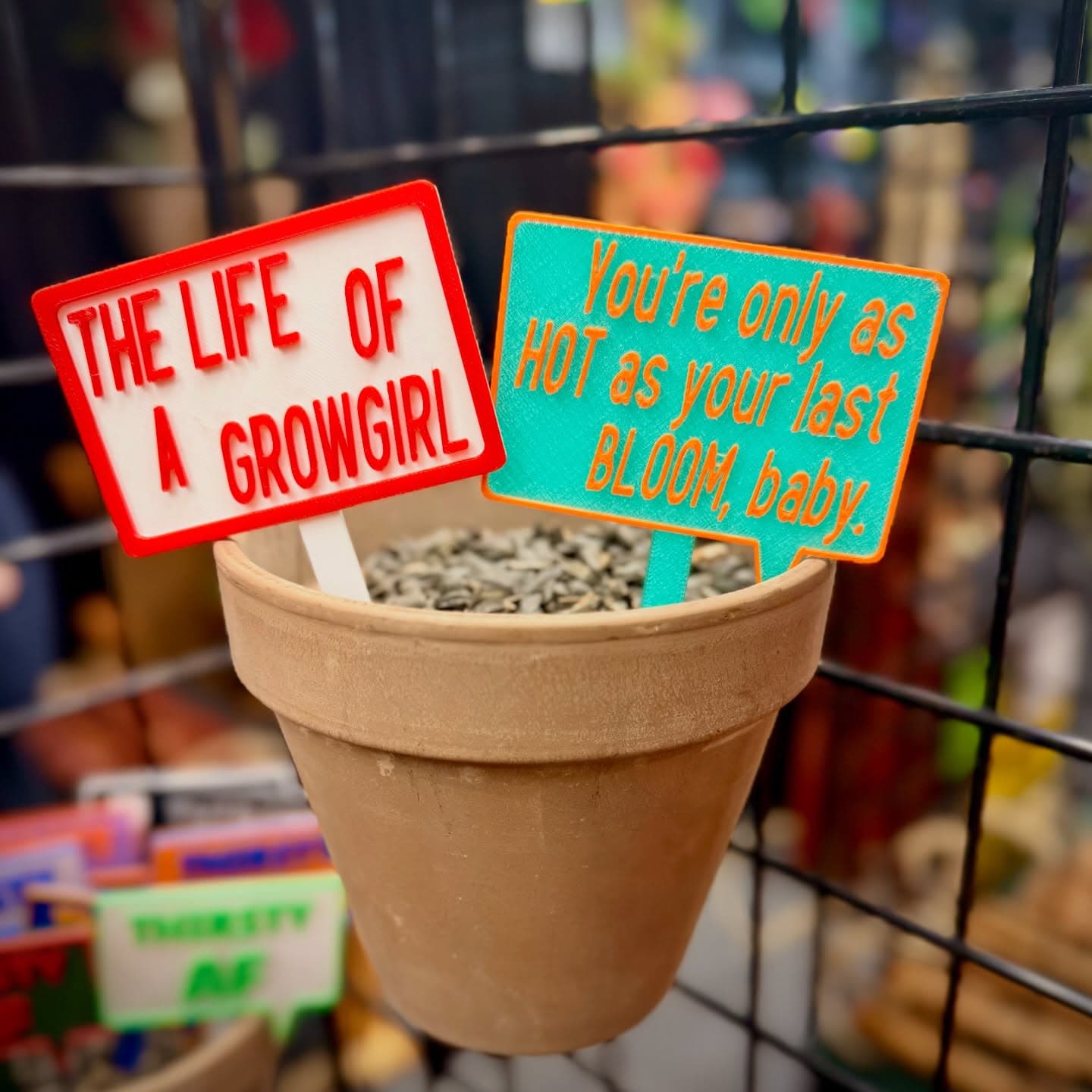 Two 3D-printed pot picks reading 'The Life of a Grow Girl' in red on white and 'You're Only as Hot as Your Last Bloom' in orange on teal in a terra cotta pot