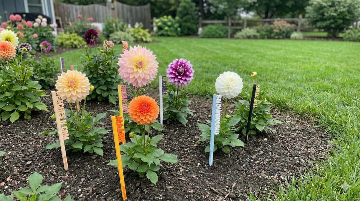 Colorful 3D-printed dahlia variety picks in a garden bed