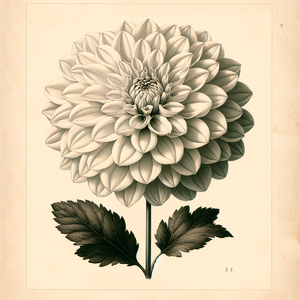 Botanical plate illustration of 20th Ave Eyes dahlia, White Formal Decorative