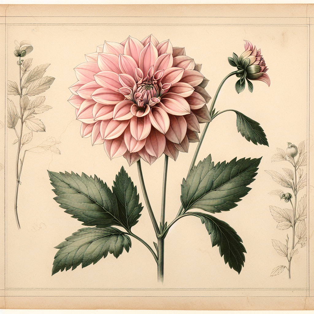 Botanical plate illustration of 20th Ave Memory dahlia, Pink Formal Decorative