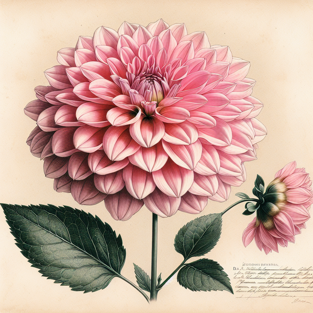 Botanical plate illustration of 20th Ave Pink Cloud dahlia, Pink Formal Decorative