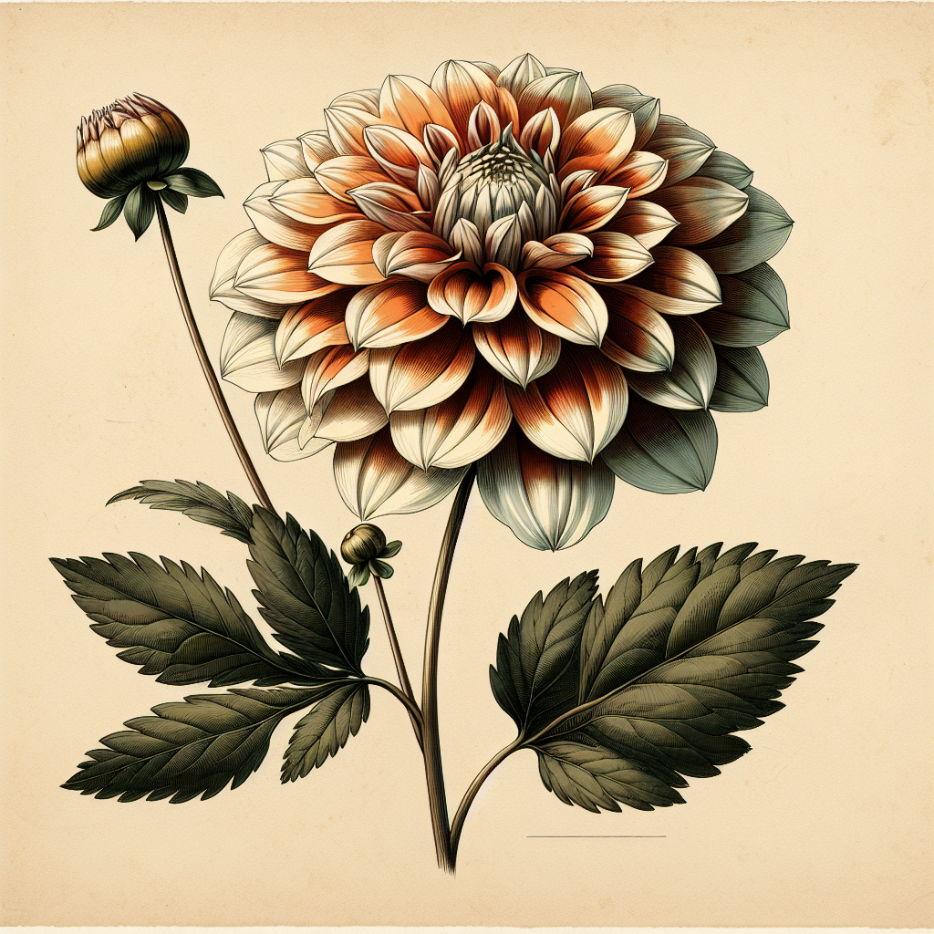 Botanical plate illustration of A La Mode dahlia, Bicolor Formal Decorative