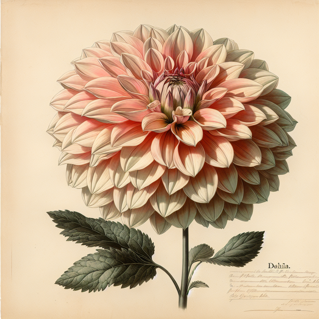 Botanical plate illustration of AC Ben dahlia, Light Blend Semi-Cactus