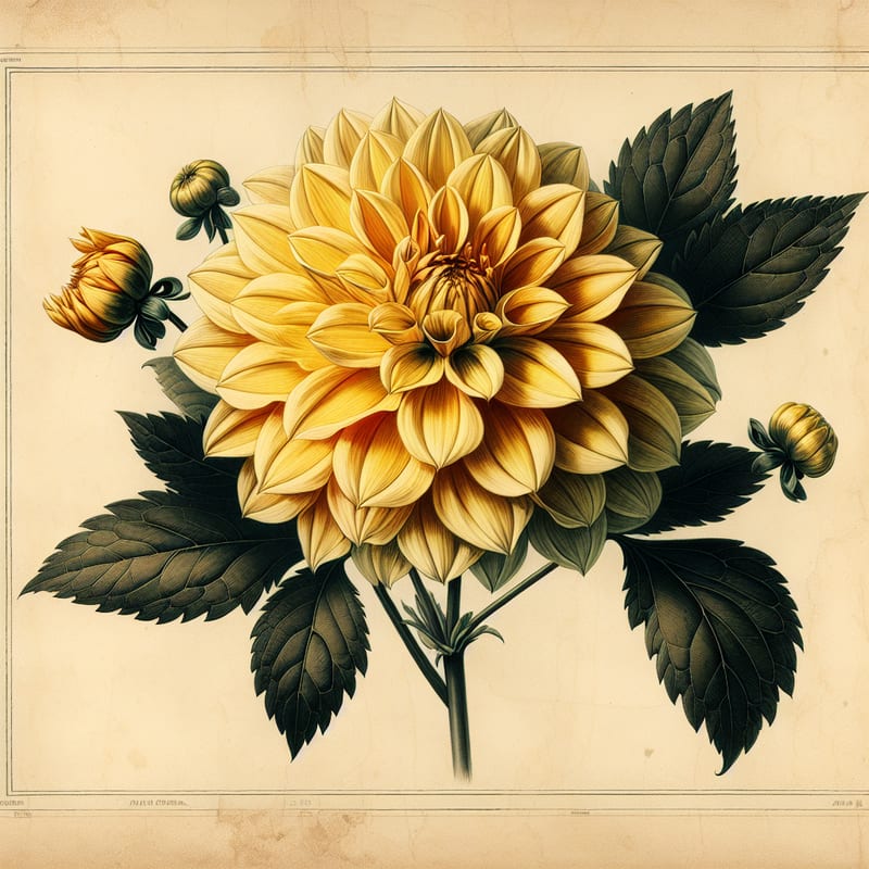 Botanical plate illustration of AC Big Bird dahlia, Yellow Semi-Cactus