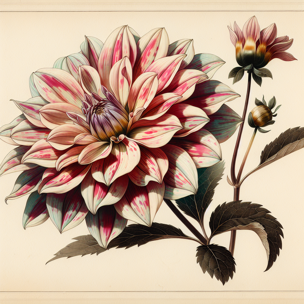 Botanical plate illustration of Ac Candy dahlia, Variegated Formal Decorative