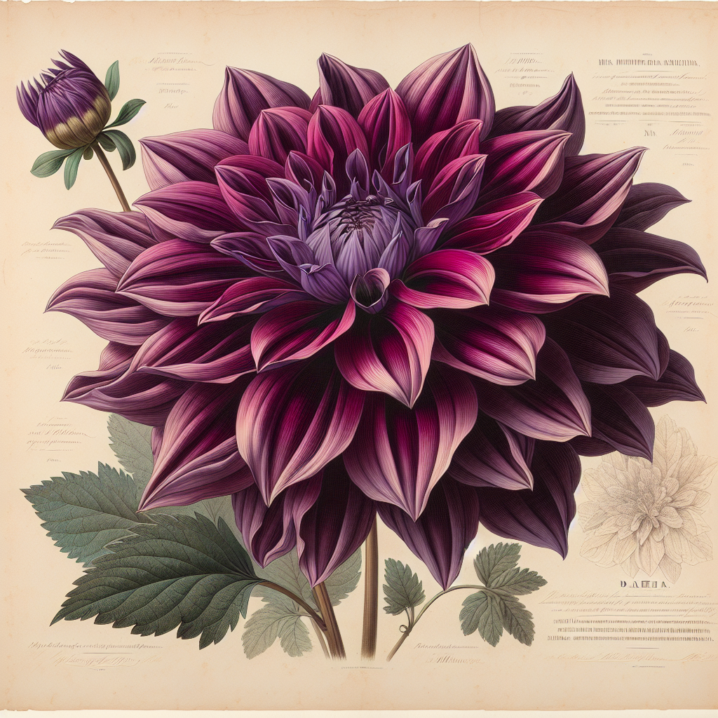 Botanical plate illustration of AC Dark Horse dahlia, Purple Semi-Cactus