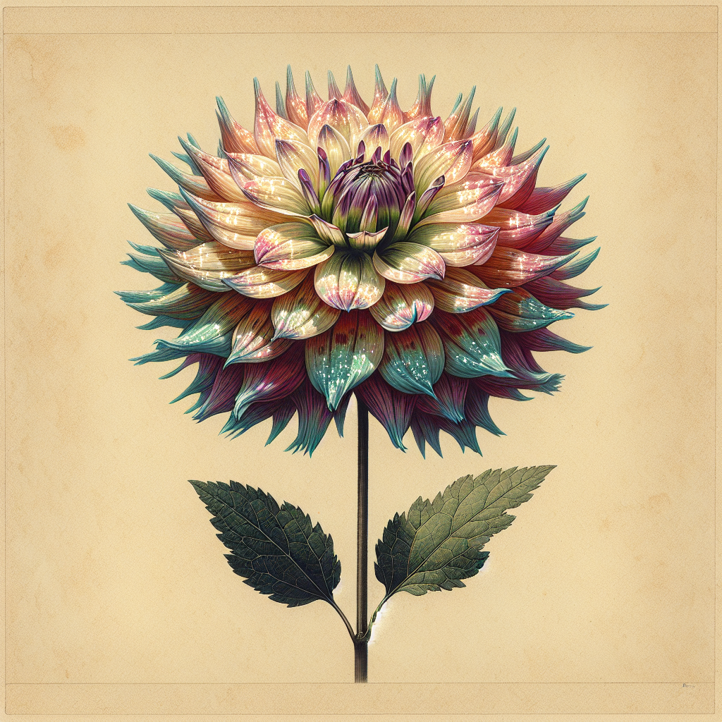 Botanical plate illustration of Ac Firefly dahlia, Variegated Formal Decorative