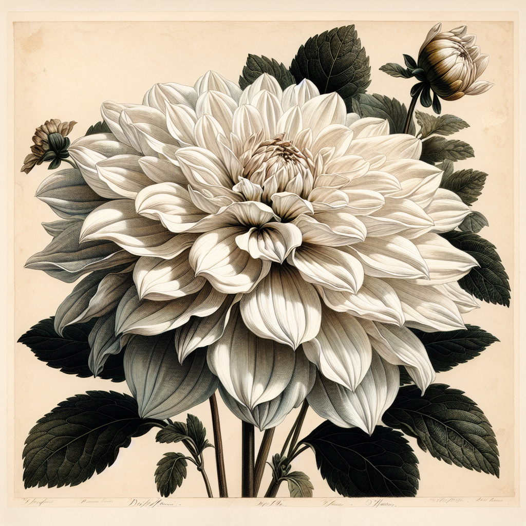 Botanical plate illustration of Ac Great White dahlia, White Semi-Cactus