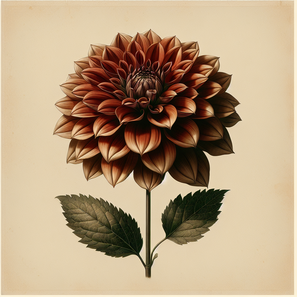 Botanical plate illustration of AC Grizzly dahlia, Bronze Semi-Cactus