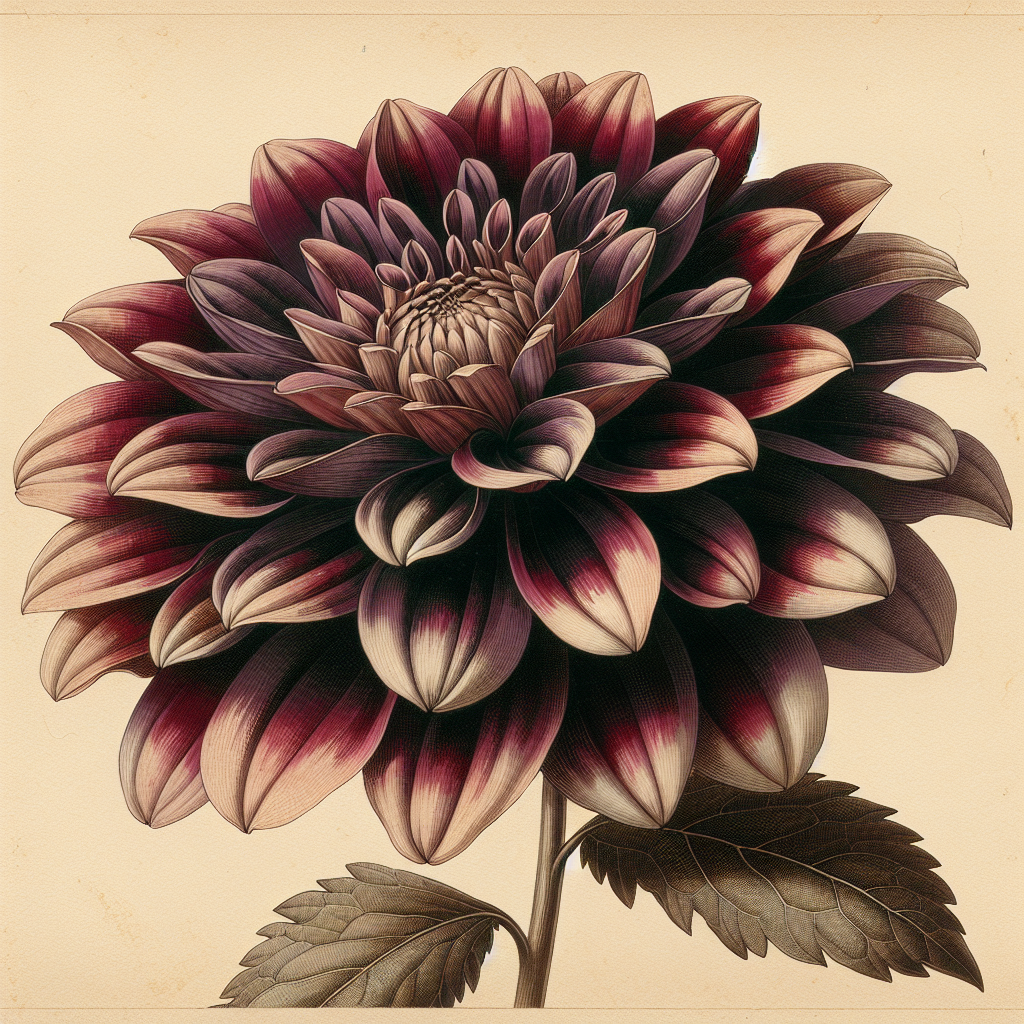 Botanical plate illustration of Ac Ring Of Fire dahlia, Dark Blend Informal Decorative