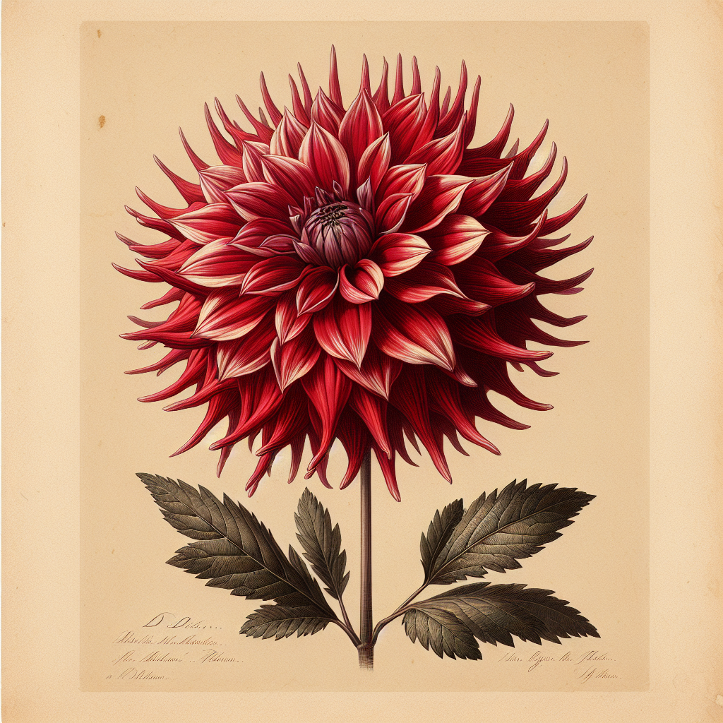 Botanical plate illustration of AC Rooster dahlia, Red Formal Decorative