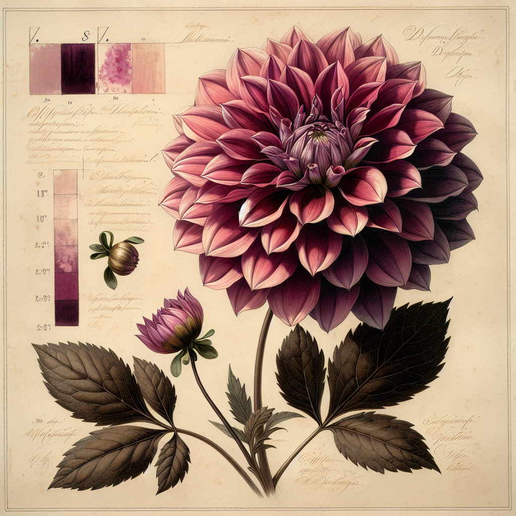 Botanical plate illustration of AC Rosebud dahlia, Dark Blend Informal Decorative
