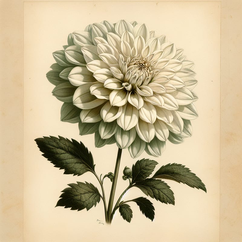 Botanical plate illustration of Ac Sultan dahlia, White Informal Decorative