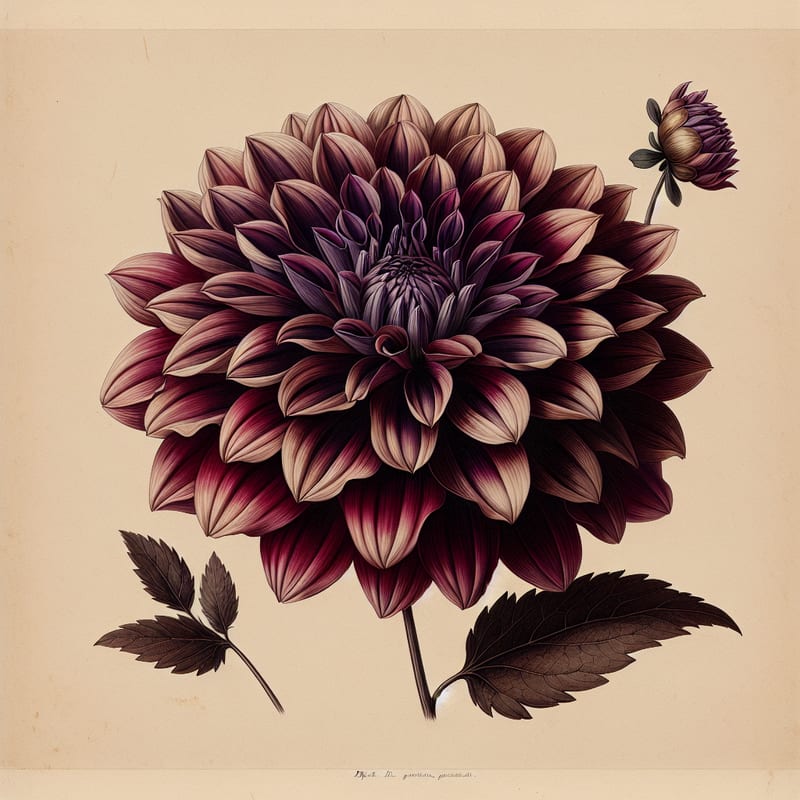 Botanical plate illustration of Ac Thomas dahlia, Dark Blend Incurved Cactus