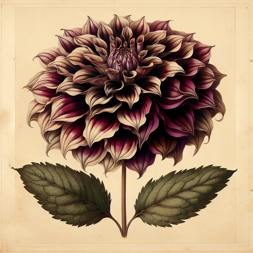 Botanical plate illustration of Akita dahlia, Dark Blend Novelty Double
