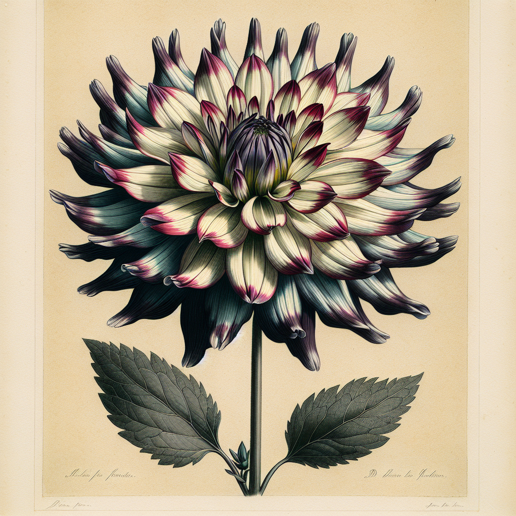 Botanical plate illustration of Alauna Clair Obscur dahlia, Bicolor Laciniated