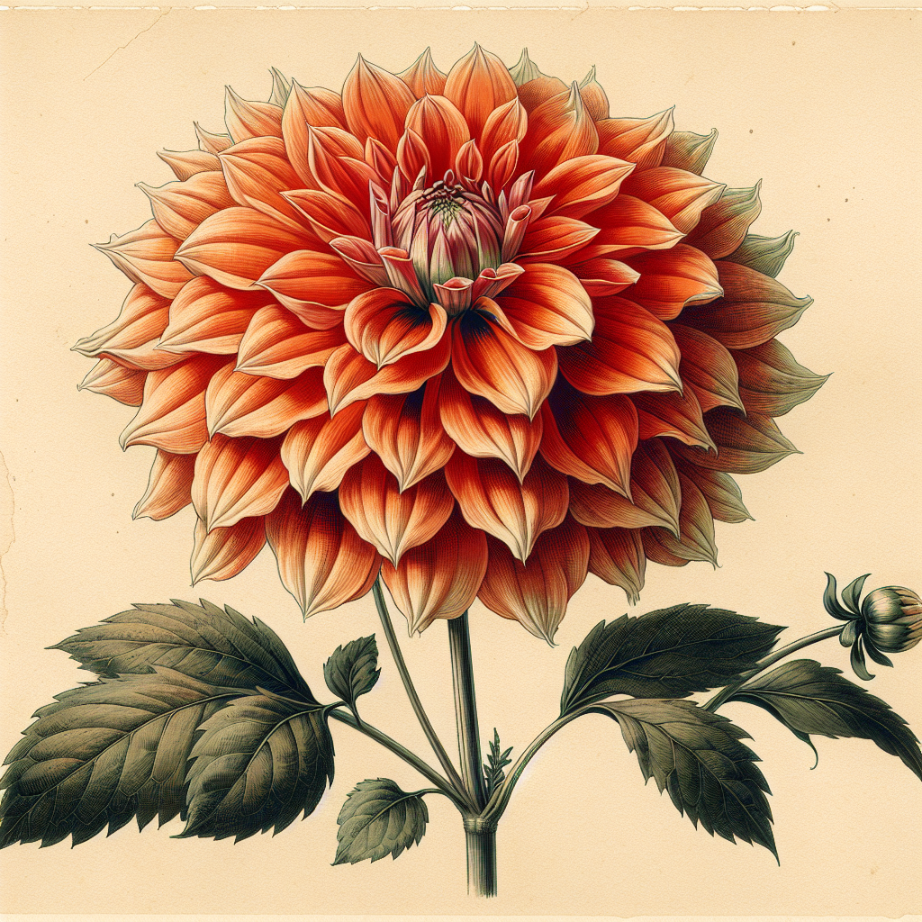 Botanical plate illustration of Alfred C dahlia, Orange Semi-Cactus