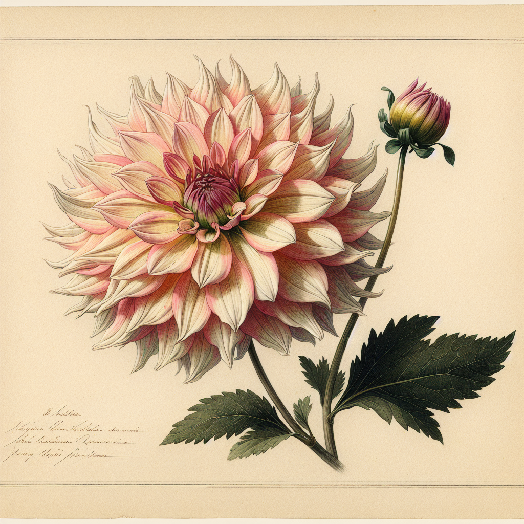 Botanical plate illustration of Alfred Grille dahlia, Light Blend Incurved Cactus