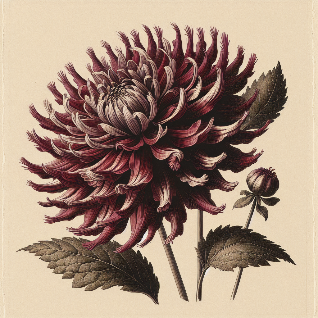 Botanical plate illustration of Allen's Blackbeard dahlia, Dark Red Laciniated