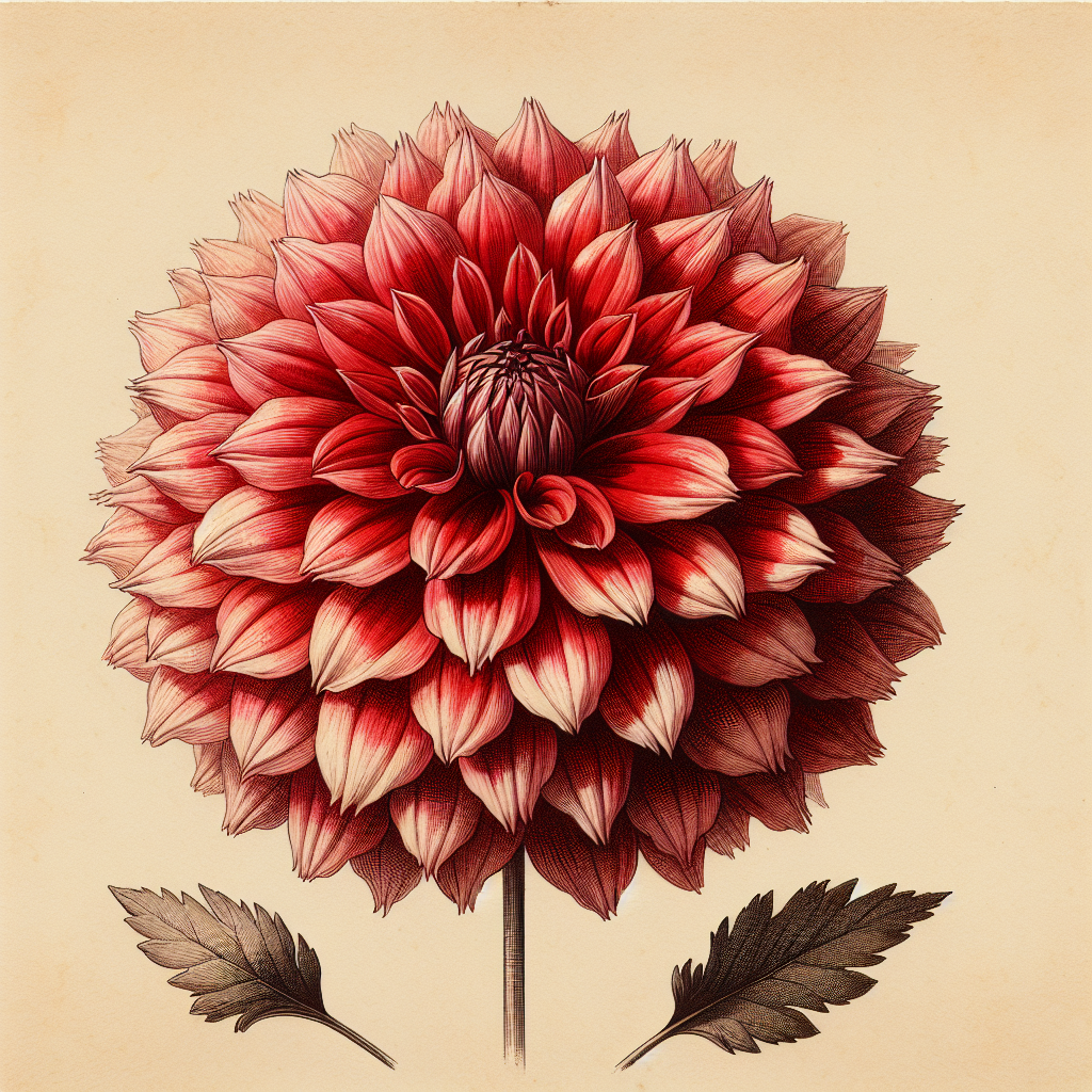 Botanical plate illustration of Allen's Fireball dahlia, Red Laciniated