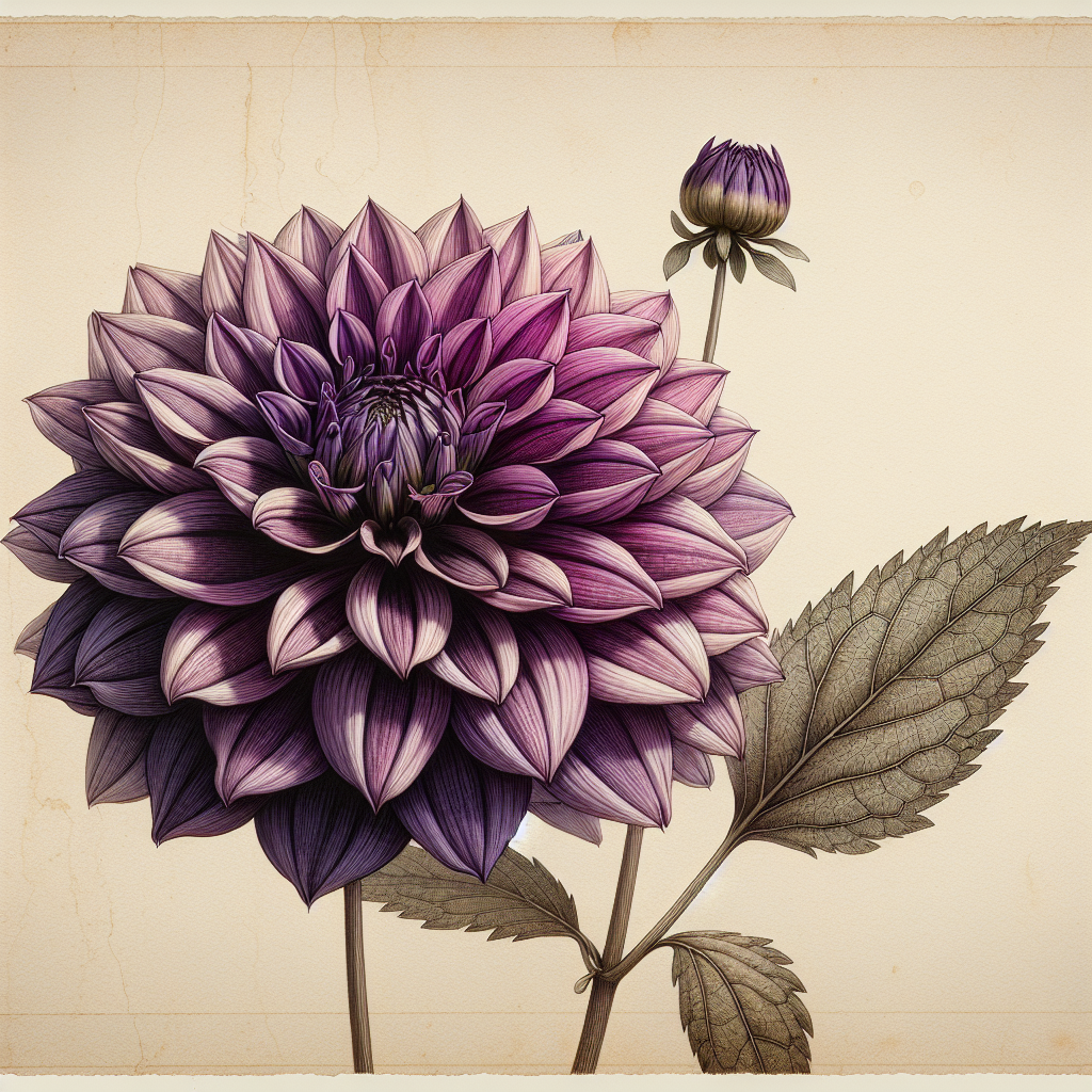 Botanical plate illustration of Allen's Purple Rain dahlia, Purple Laciniated