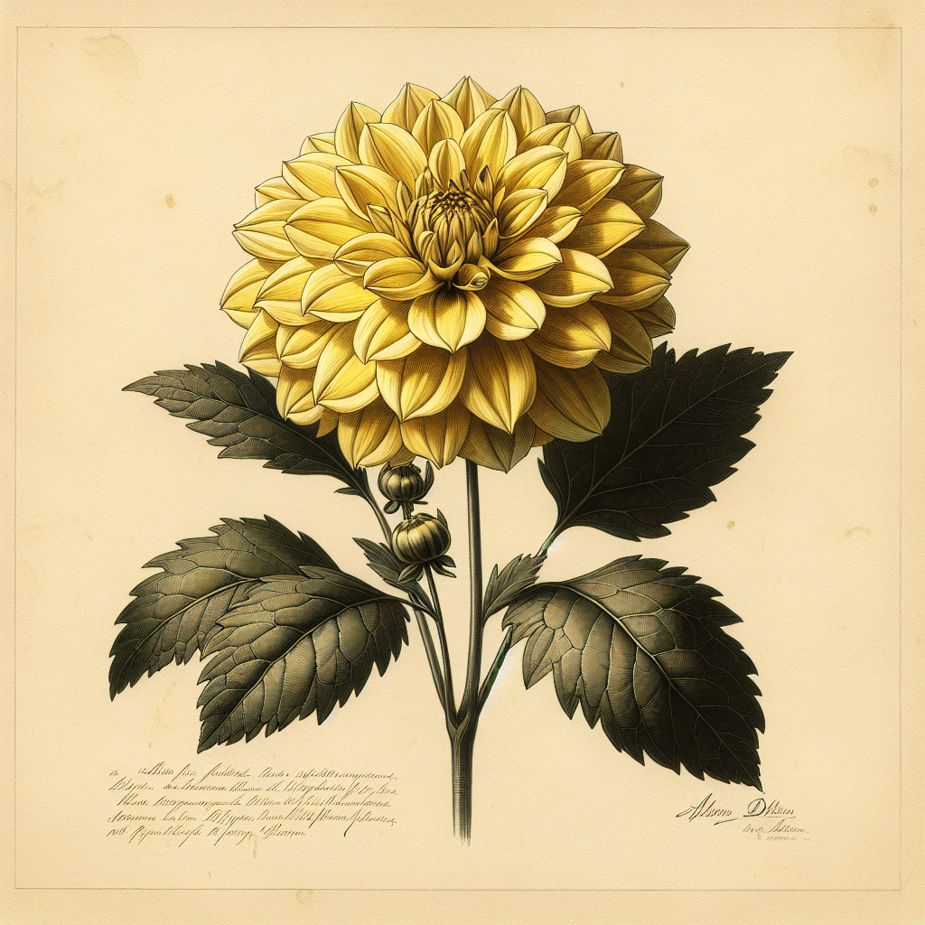 Botanical plate illustration of Allen's Sunlight dahlia, Yellow Formal Decorative