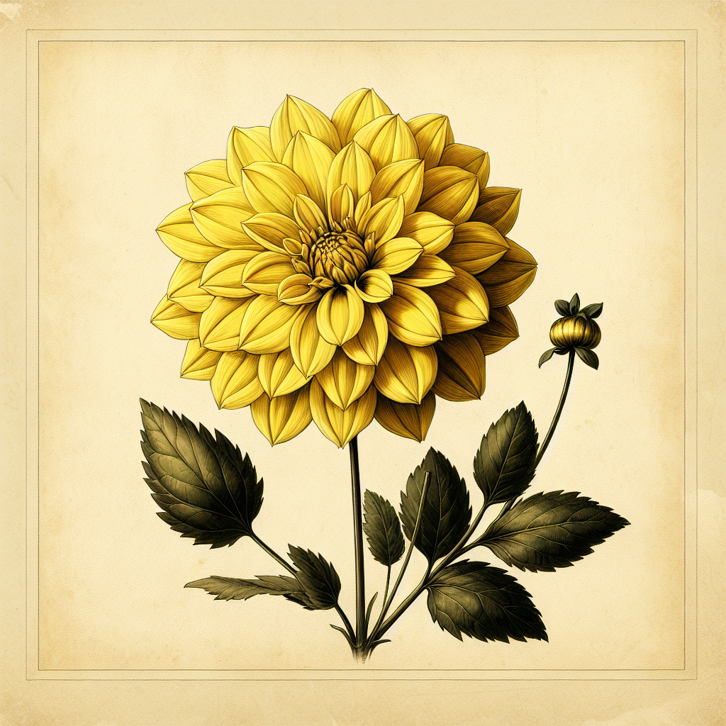 Botanical plate illustration of Allie Yellow dahlia, Yellow Formal Decorative