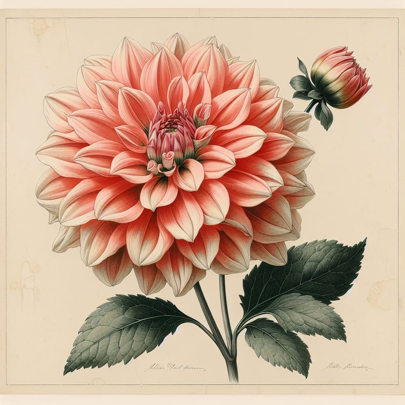 Botanical plate illustration of Alltami Coral dahlia, Light Blend Semi-Cactus