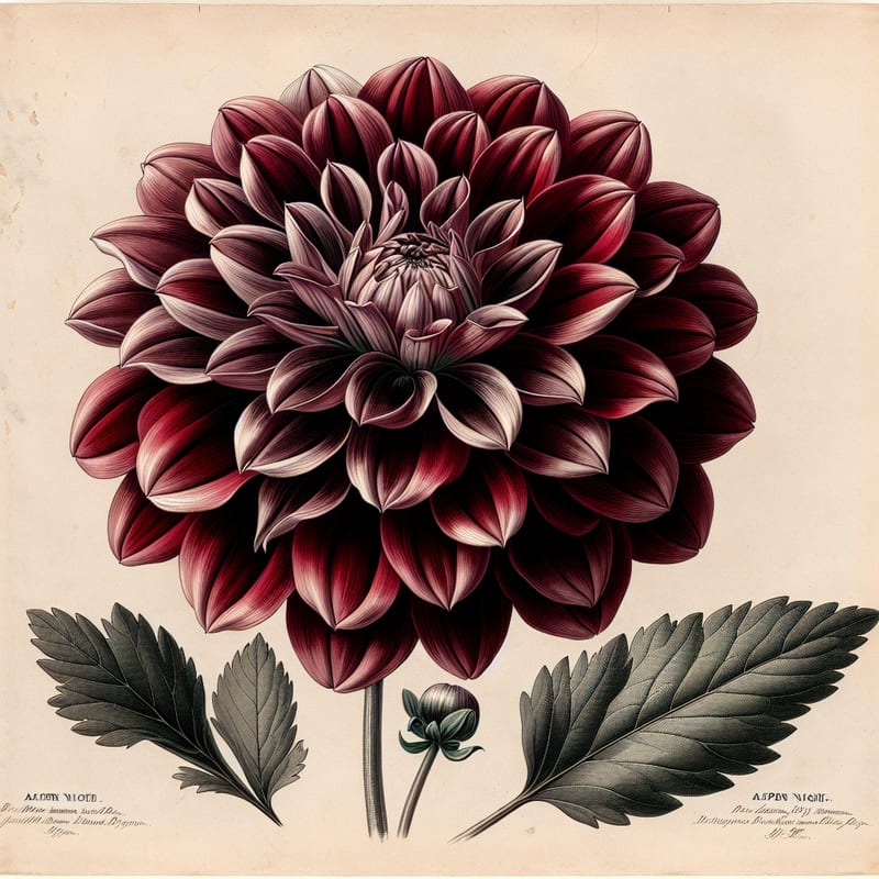 Botanical plate illustration of Alpen Night dahlia, Dark Red Formal Decorative