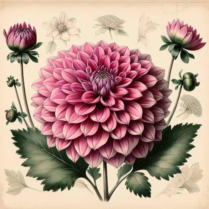 Botanical plate illustration of Alpine Salmon dahlia, Dark Pink Formal Decorative