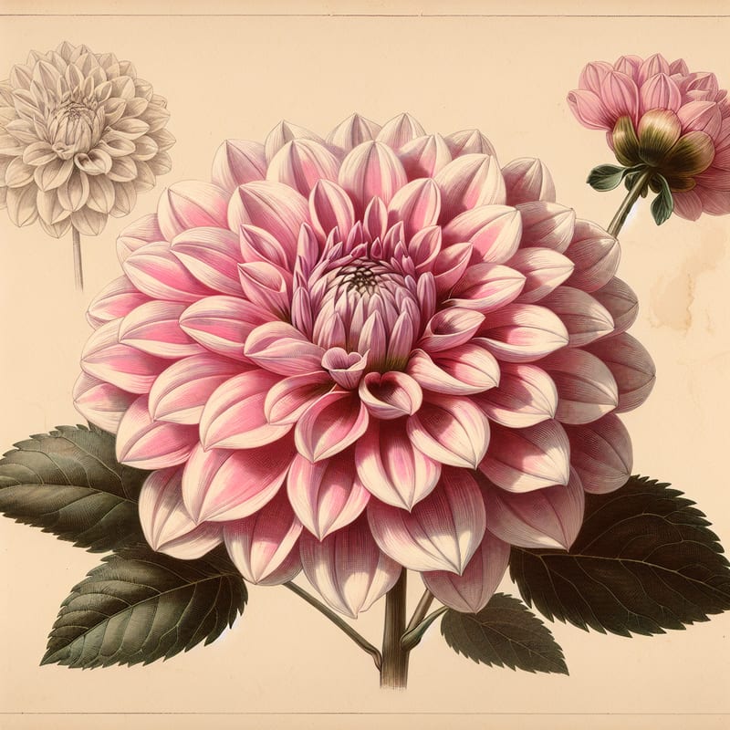 Botanical plate illustration of Amaran Candy Floss dahlia, Pink Formal Decorative