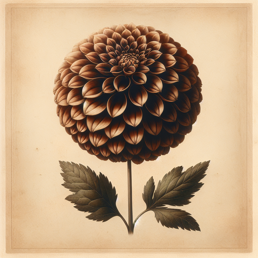 Botanical plate illustration of Amber Queen dahlia, Bronze Semi-Cactus
