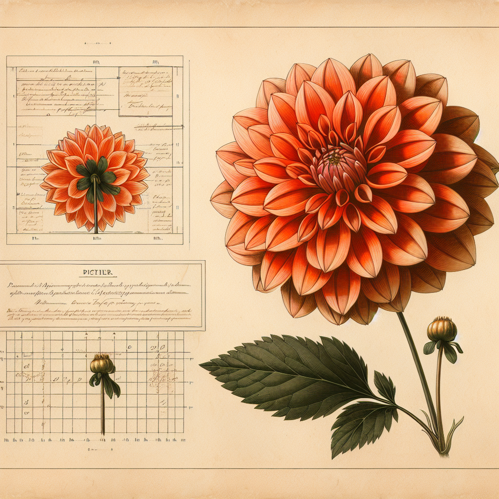 Botanical plate illustration of American Dawn dahlia, Orange Formal Decorative