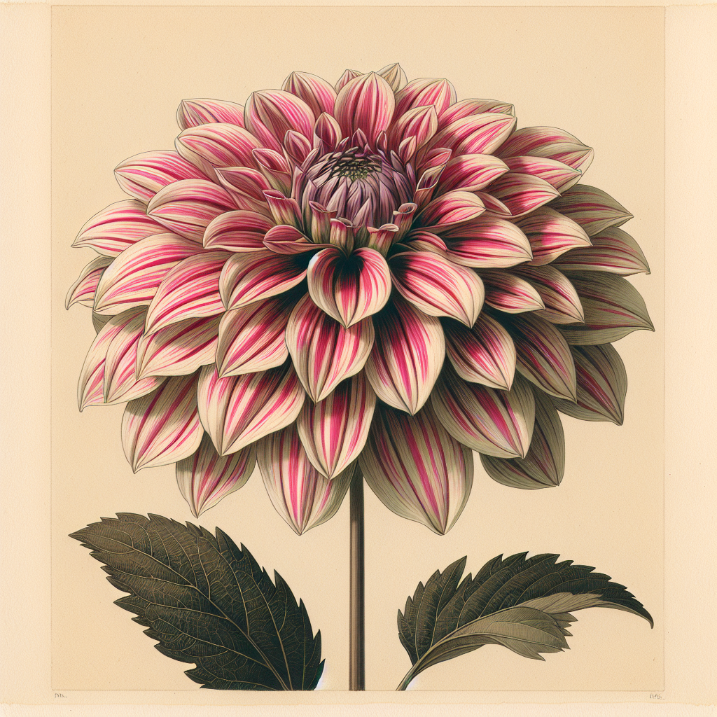 Botanical plate illustration of American Dream dahlia, Variegated Semi-Cactus