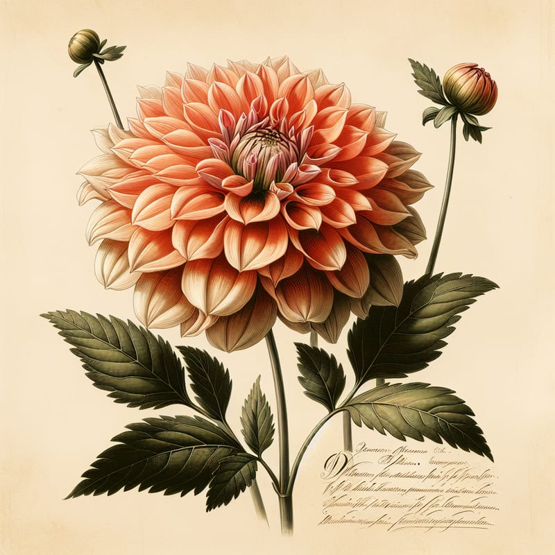 Botanical plate illustration of American Sunset dahlia, Orange Formal Decorative