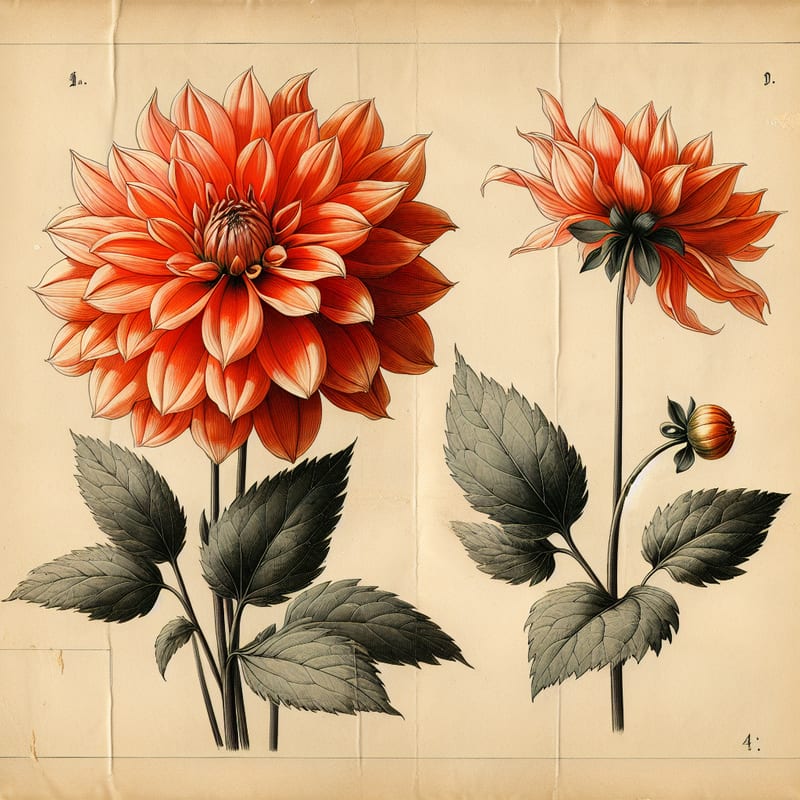 Botanical plate illustration of Andries' Orange dahlia, Orange Semi-Cactus