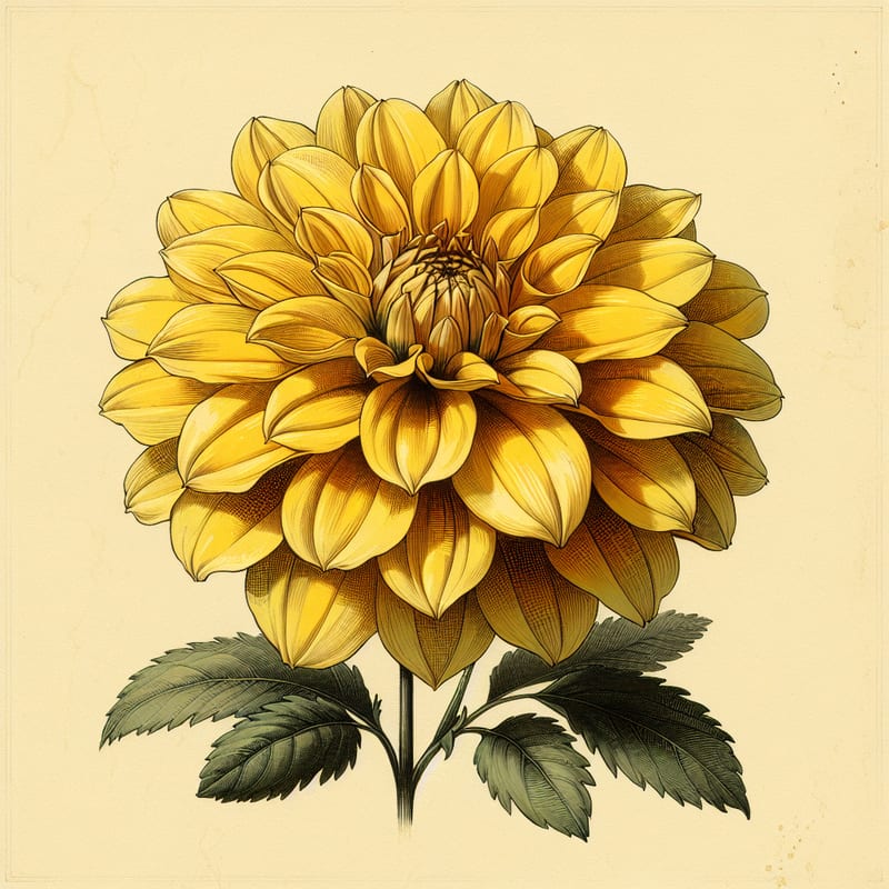 Botanical plate illustration of Annette Yvonne dahlia, Yellow Incurved Cactus