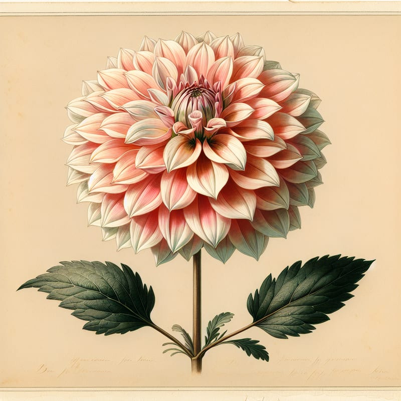 Botanical plate illustration of Apricot Desire dahlia, Light Blend Formal Decorative
