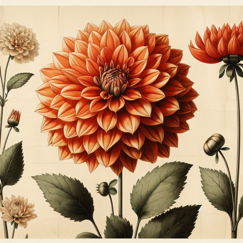 Botanical plate illustration of Apricot Honeymoon Dress dahlia, Orange Formal Decorative