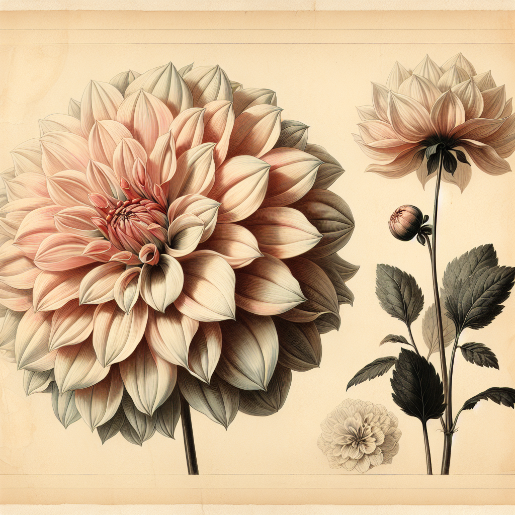 Botanical plate illustration of Aspen dahlia, Light Blend Semi-Cactus