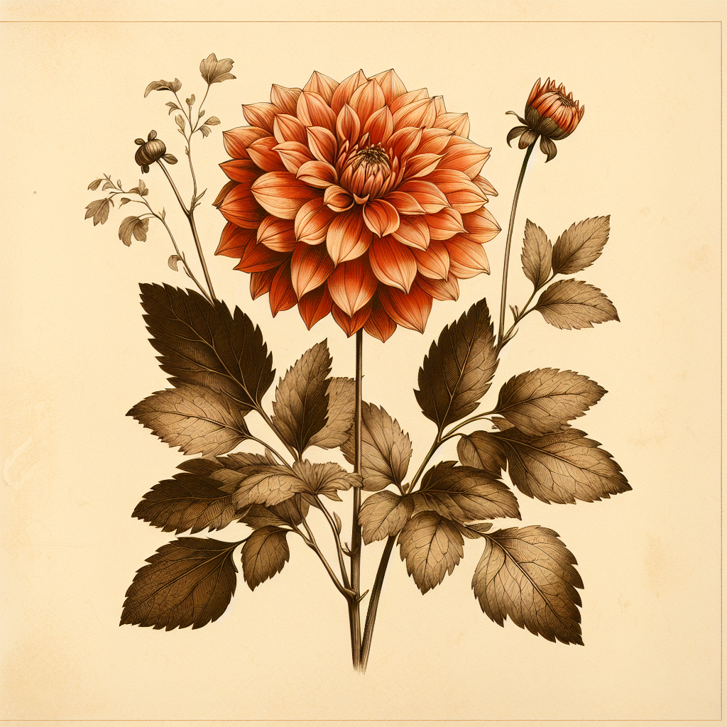 Botanical plate illustration of Autumn Leaves dahlia, Orange 