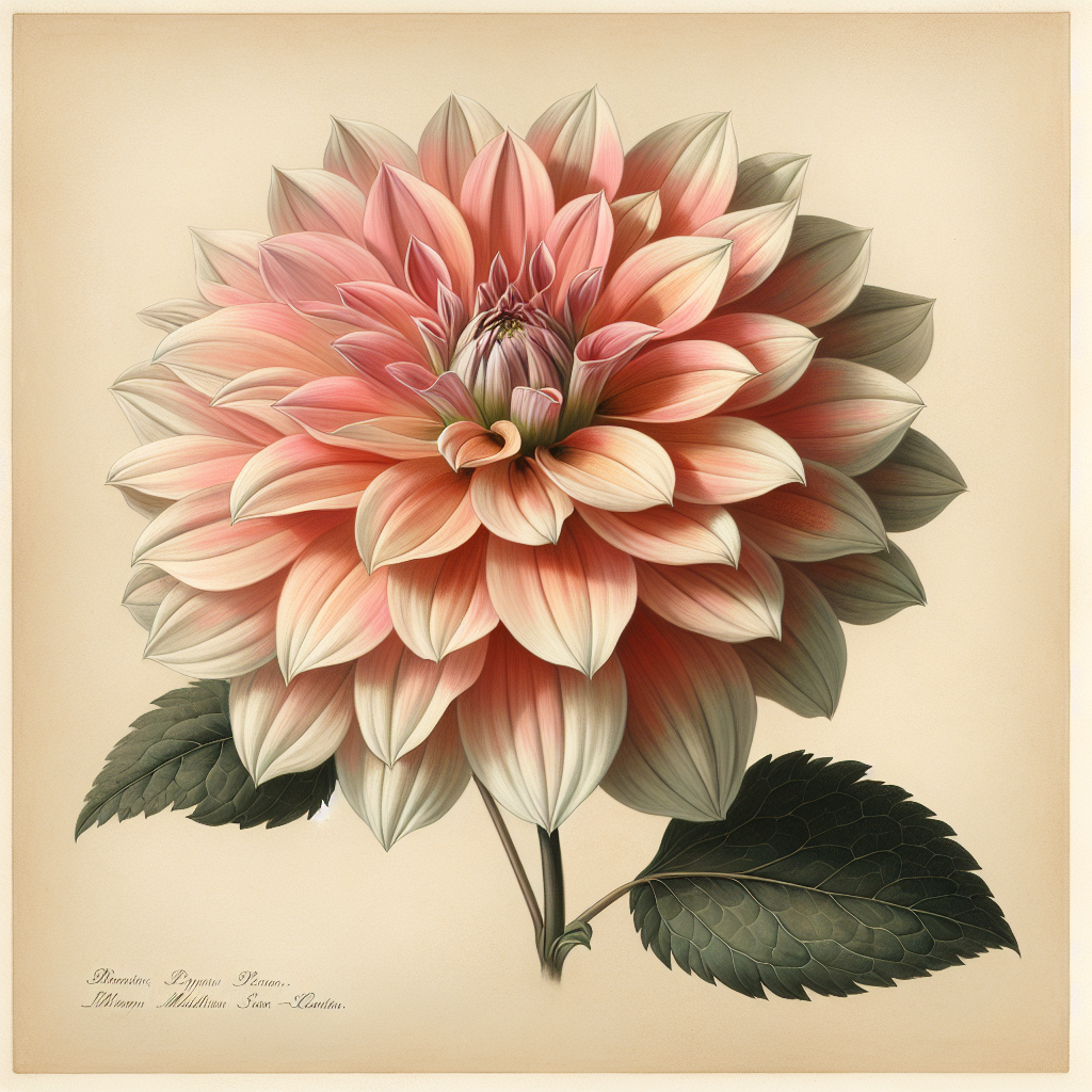 Botanical plate illustration of Avignon dahlia, Light Blend Semi-Cactus
