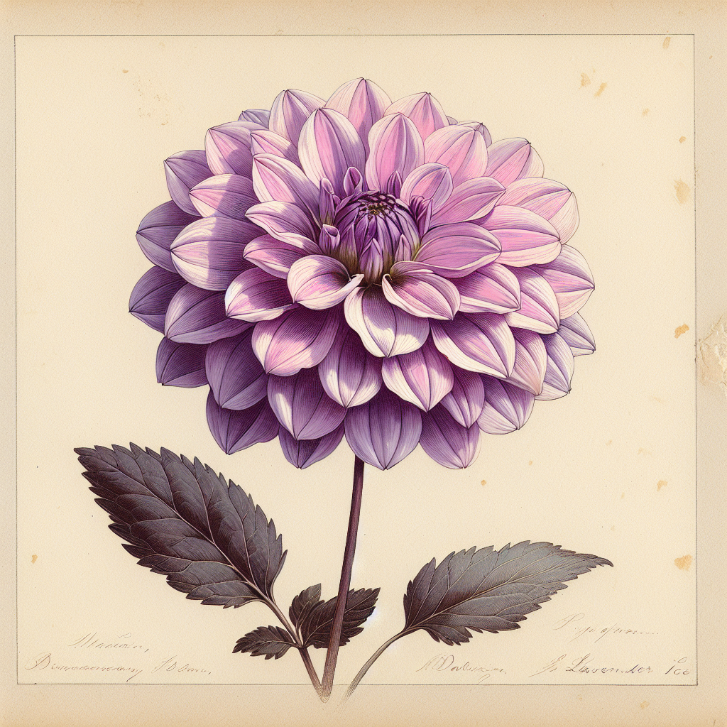 Botanical plate illustration of Ayers Lavender Ice dahlia, Lavender Formal Decorative