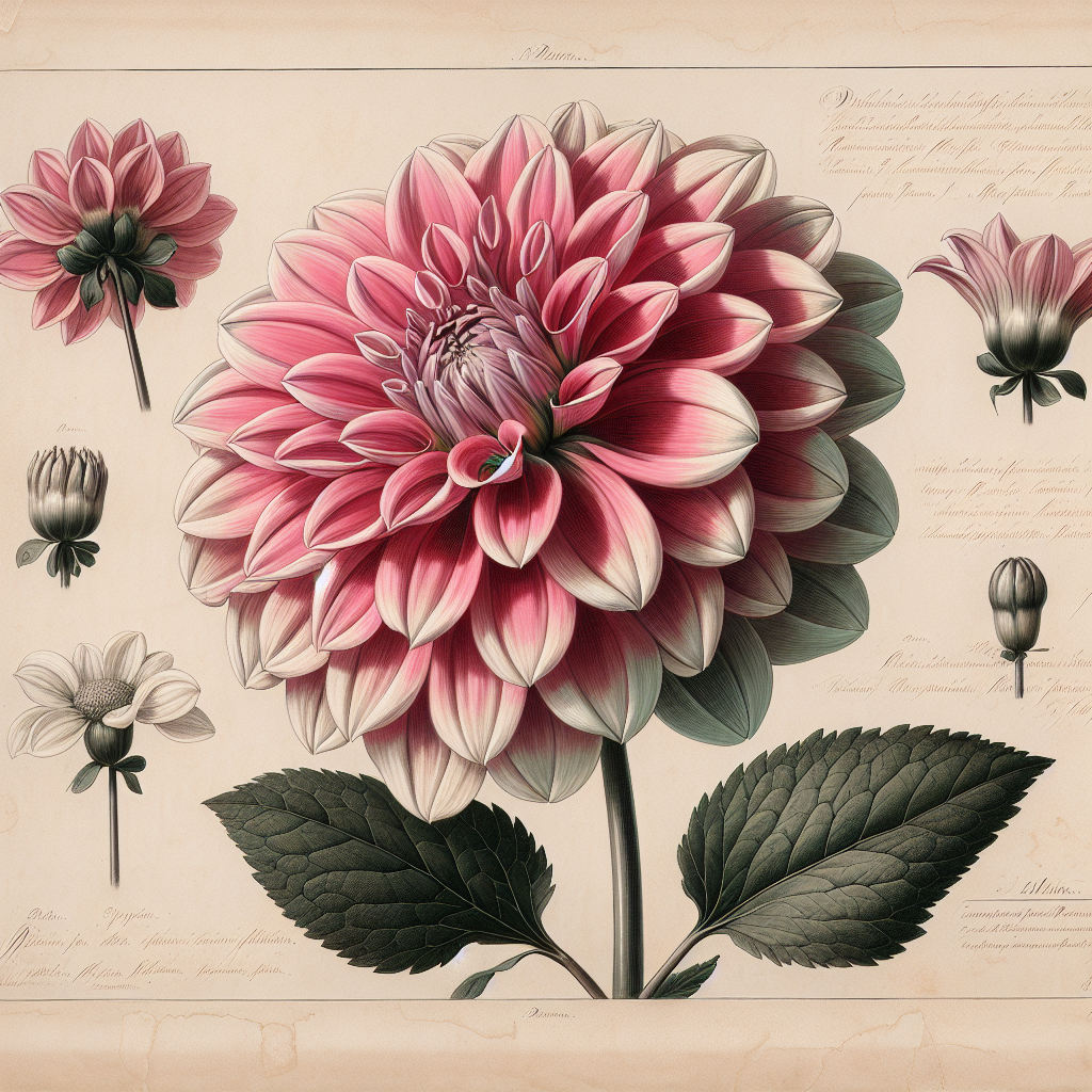 Botanical plate illustration of Babylon Purple dahlia, Pink Formal Decorative